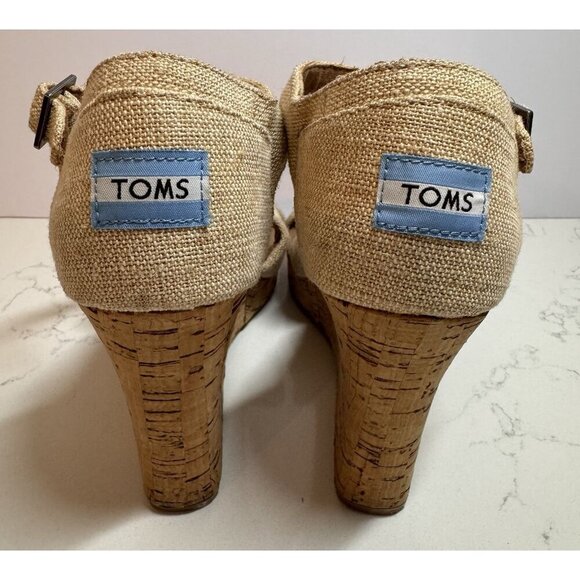 TOMS Sienna Wedge Sandals Women’s Size 9.5 Canvas Crisscross Open Toe Cork Tan - Picture 3 of 11
